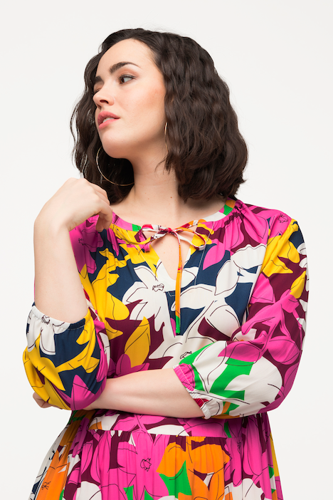 Kleid, Blüten, A-Linie, Tunika-Ausschnitt, 3/4-Arm