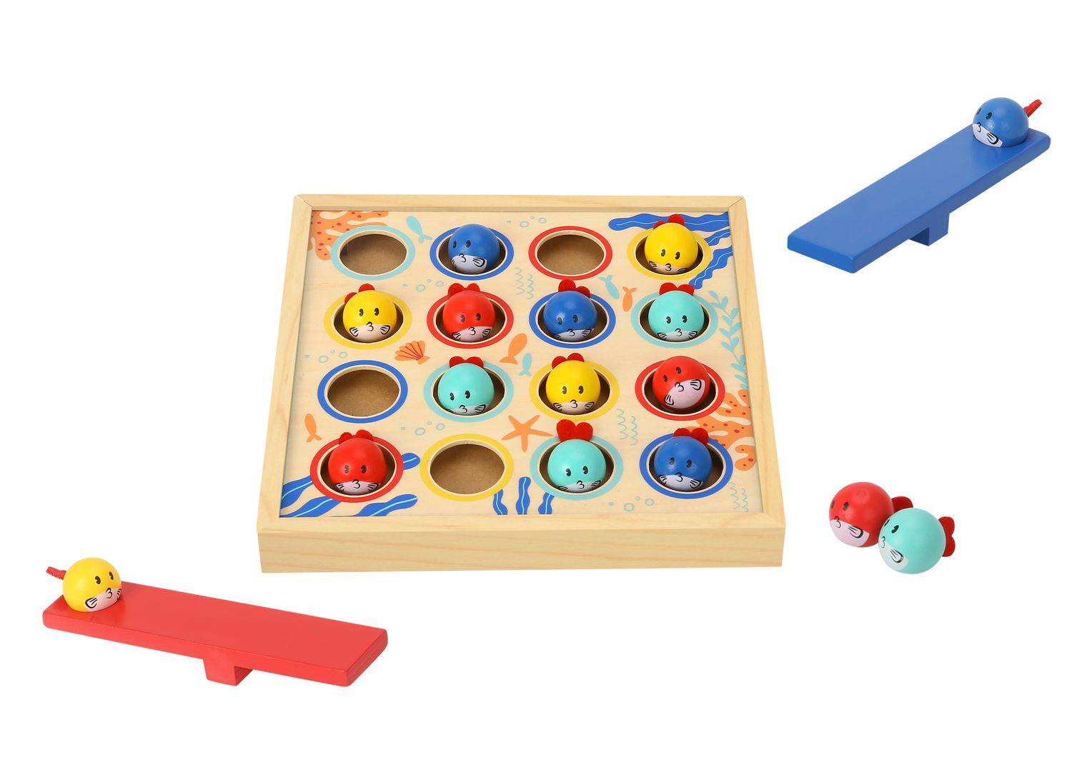 Tooky Toy Fisch-Tauchspiel TF980 aus Holz 19-teilig fliegende Fische Sprungbrett bunt