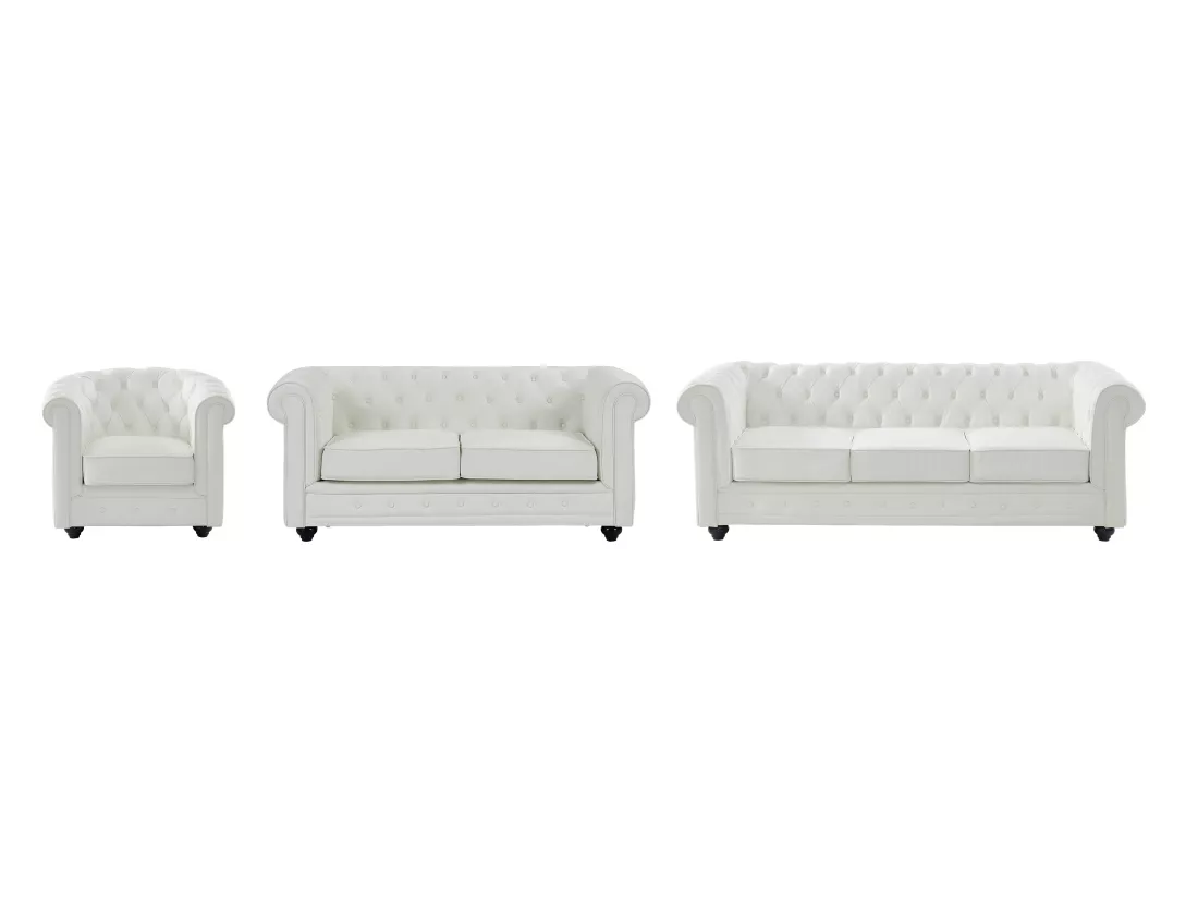 Canapés 3 places, 2 places et fauteuil en simili blanc CHESTERFIELD
