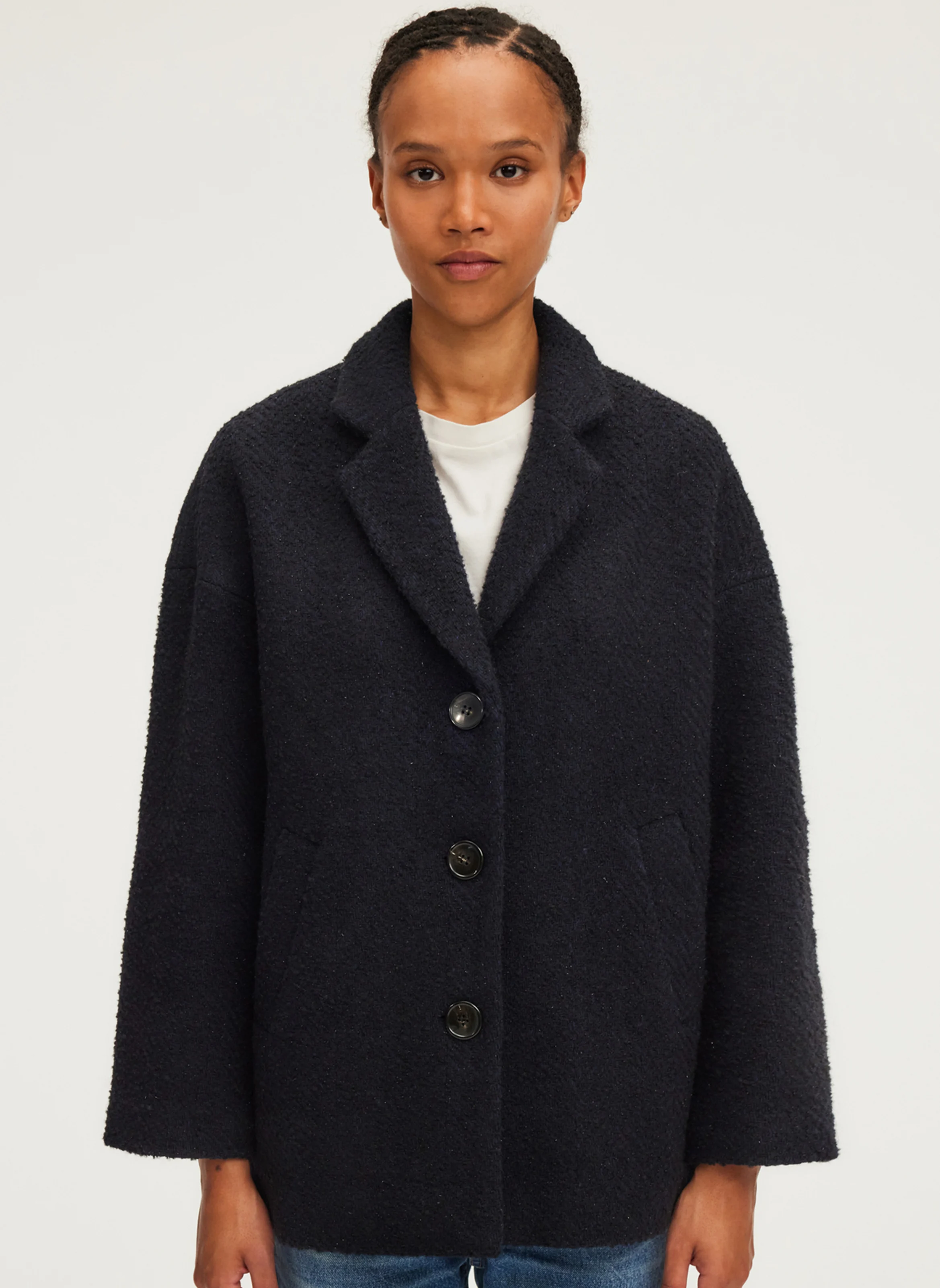 LILA - Manteau ample col tailleur en laine mélangée | Bleu