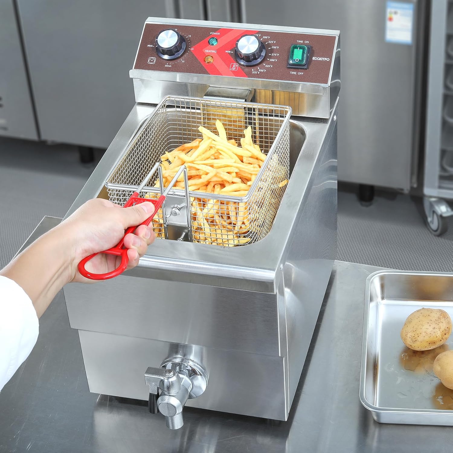 EGGKITPO Fritteuse 12 l Große elektrische Fritteuse mit Ölablass und Timer Fritteuse mit Korb und Deckel Edelstahl-Tischfritteuse Gewerbliche Fritteuse für Restaurants und die Küche 220V 3000W