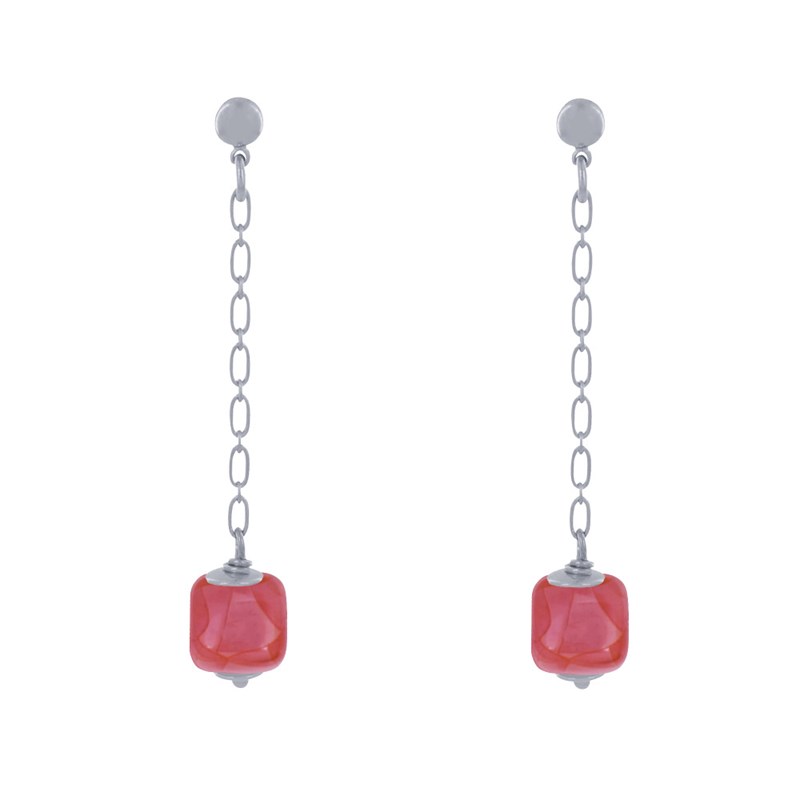 Boucles d'Oreilles Chainette Laiton Argenté et Cube en Céramique
