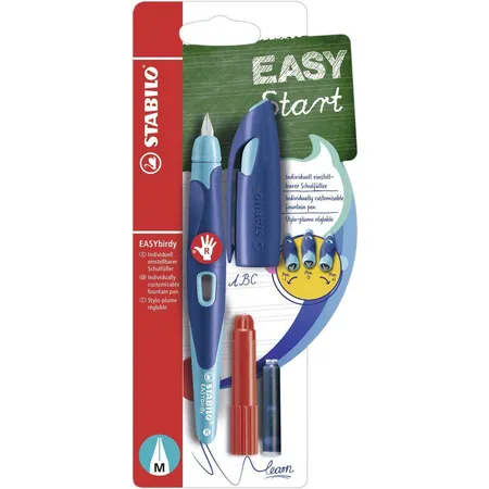 Ergonomischer Schulfüller für Rechtshänder mit Standard-Feder M - STABILO EASYbirdy in mitternachtsblau/azur - Einzelstift - inklusive Patrone und Einstellwerkzeug - Schreibfarbe blau (löschbar)