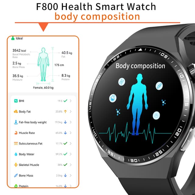 Smartwatch med EKG, kropskompositionsanalyse, blodsammensætningsanalyse (urinsyre, blodlipider) Sort og brun læderrem