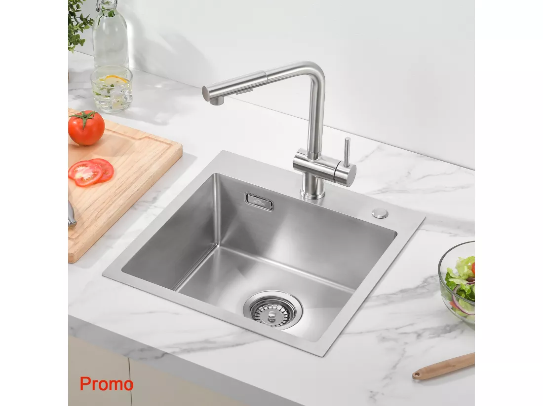 AuraLum Max Évier Cuisine 1 Bac en Acier Inoxydable 304 Brossé 45x45CM Évier encastré et à Poser Évier avec Trou de Montage pour Robinet,EU Modèle