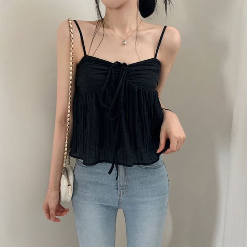 Honet - Cami-top met lange mouwen en spaghettibandjes, gerimpeld en doorschijnend mesh