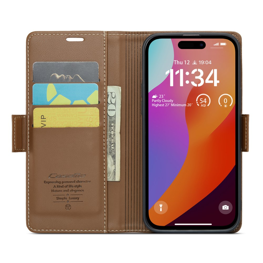 iPhone 16 Pro Leder Tasche Flip Wallet Etui mit Kartenfächern Litchi Look (RFID Schutz) - Braun
