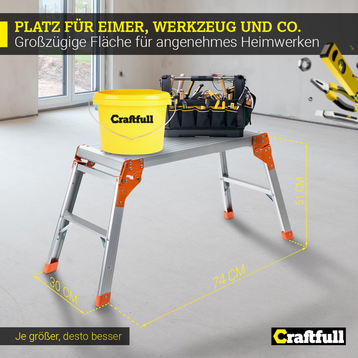 Craftfull Arbeitsplattform CF-107A, klappbar, Sicherheitsbügel, Arbeitspodest aus Aluminium, 150 kg (Silber/Orange)