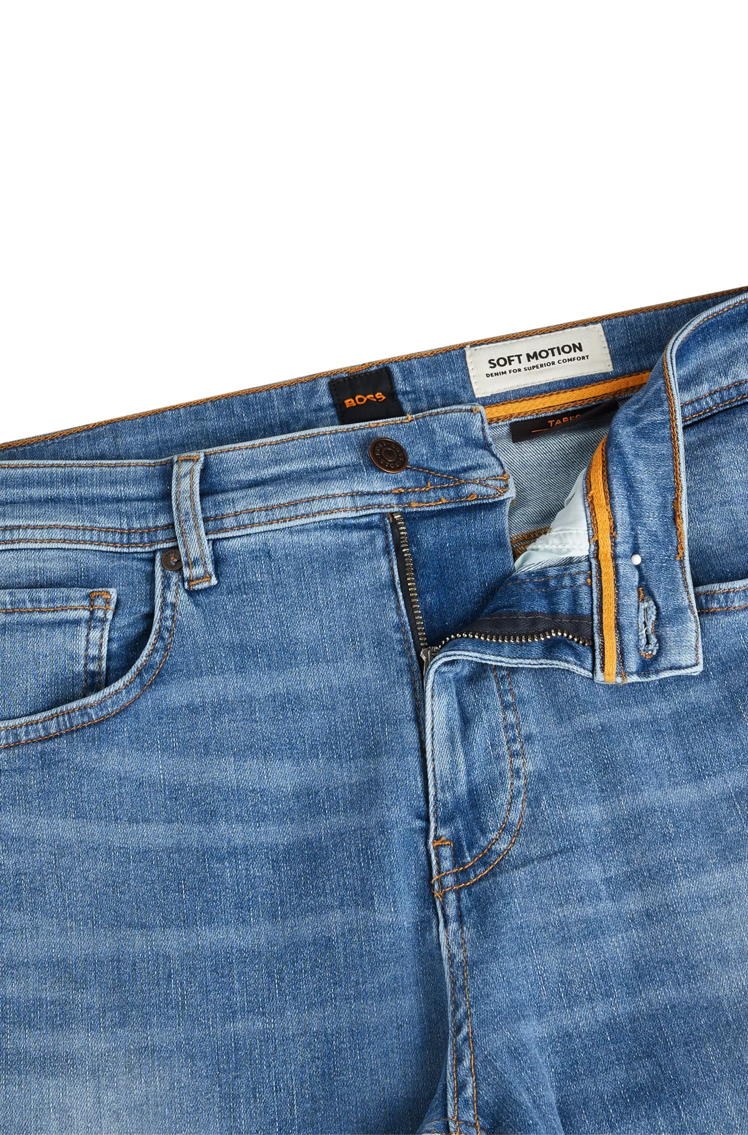 Calça jeans BOSS laranja, corte afunilado, em denim superelástico azul médio.