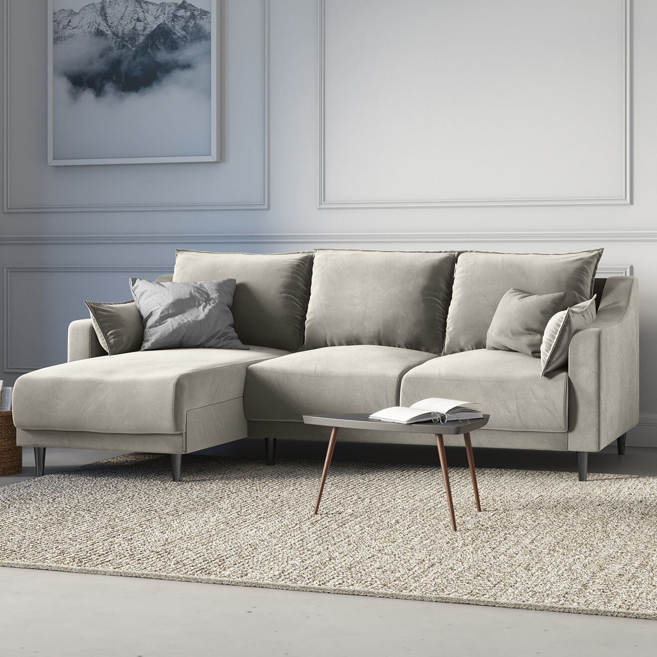 Mazzini Sofas Canapé d'angle Réversible Convertible avec Coffre en Velours Freesia beige - 220x150x90 cm