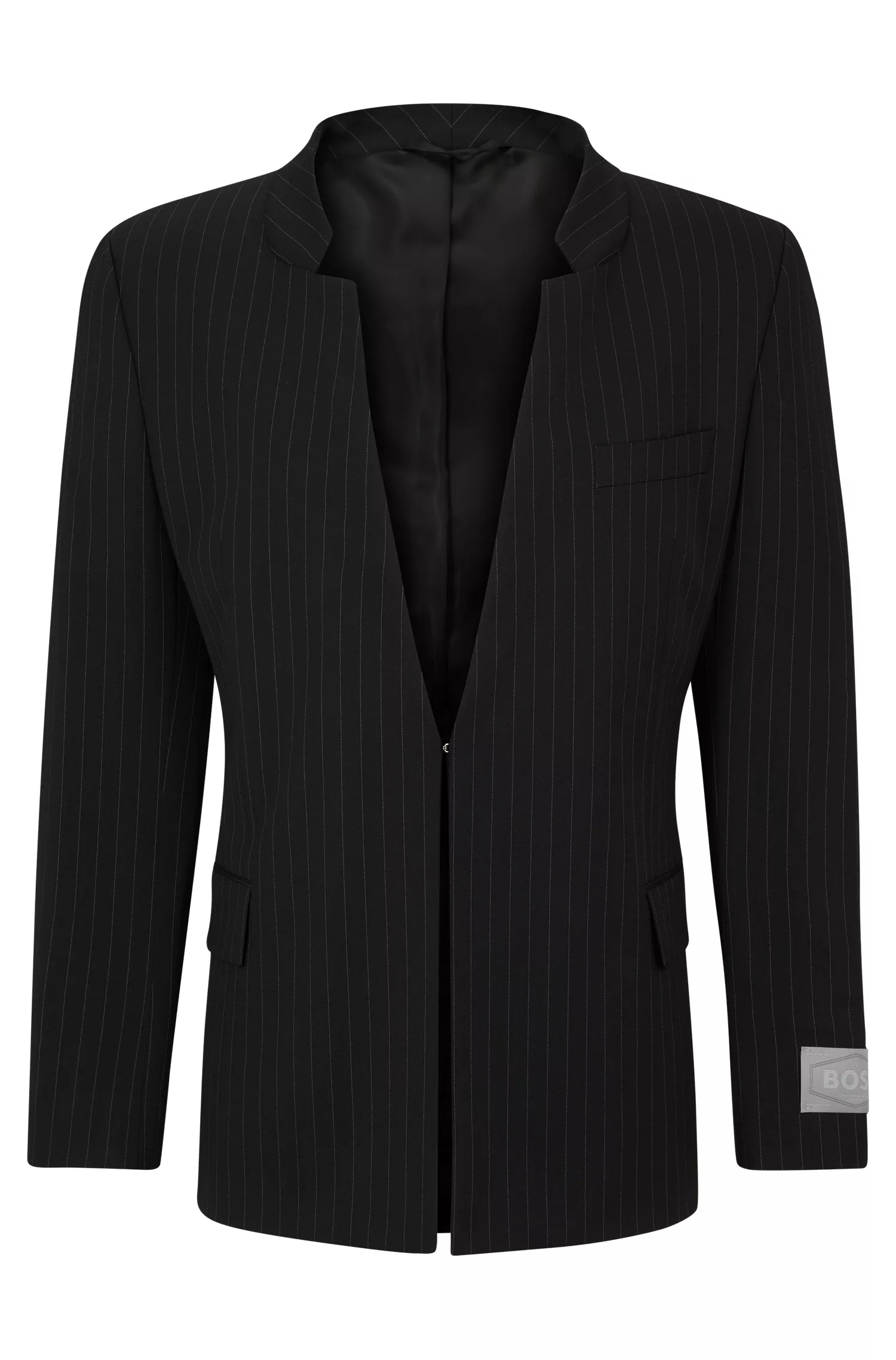 Blazer BOSS preto, corte regular, em mistura de lã com risca de giz.