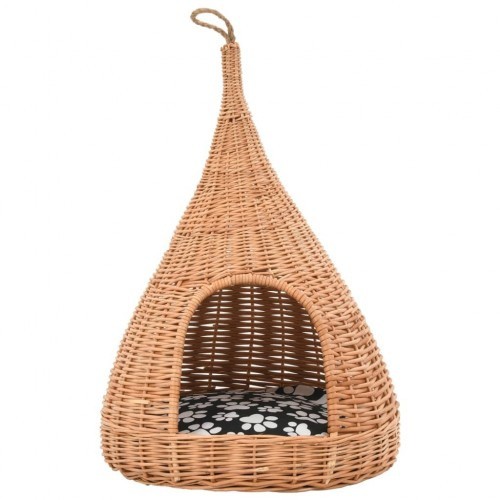 Casinha de gato em formato de tipi na cor natural com almofada.