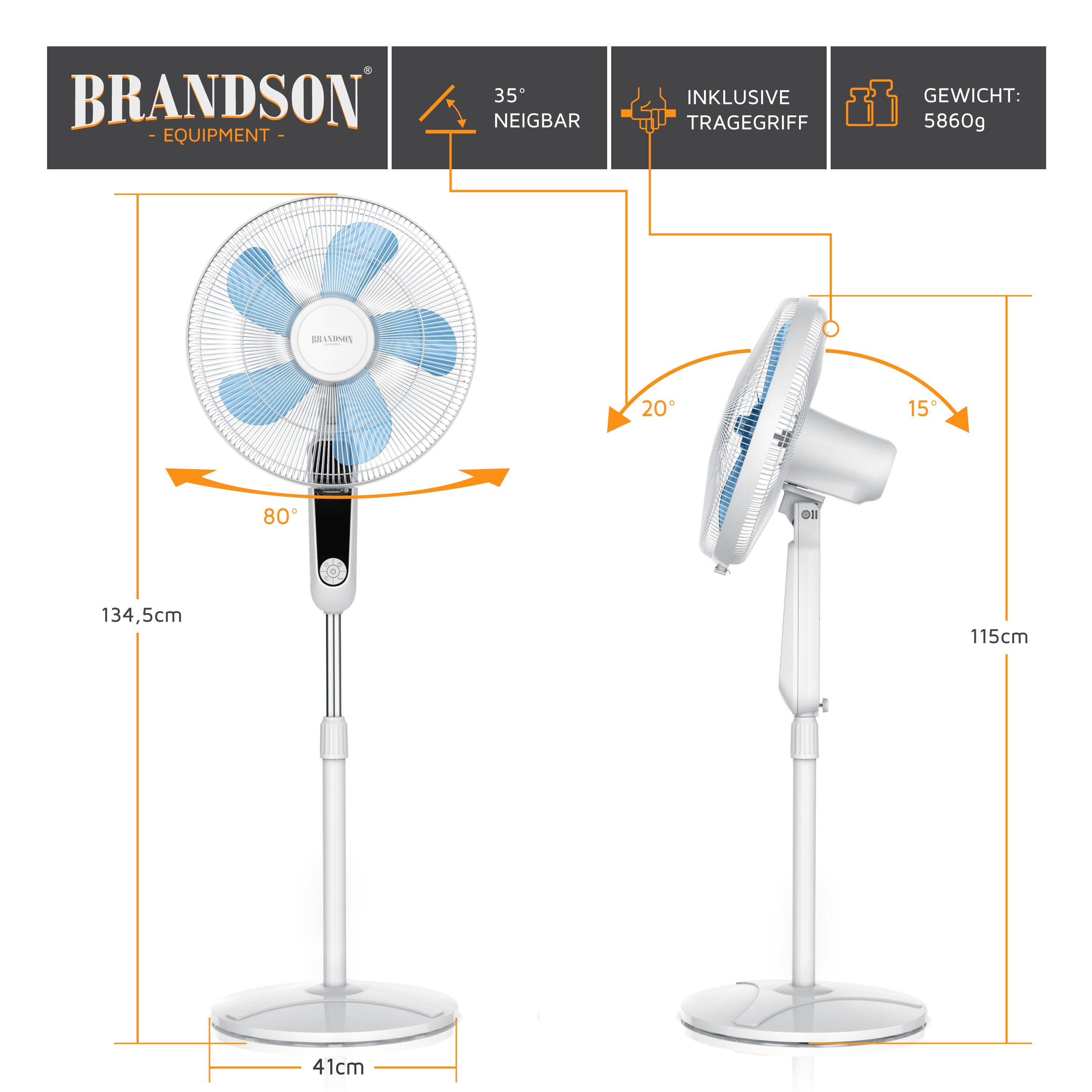 Brandson Standventilator Silent mit Fernbedienung und Display, mobiler Lüfter, Oszillation 80°, 60 Watt, Ventilator leise, Höhe verstellbar