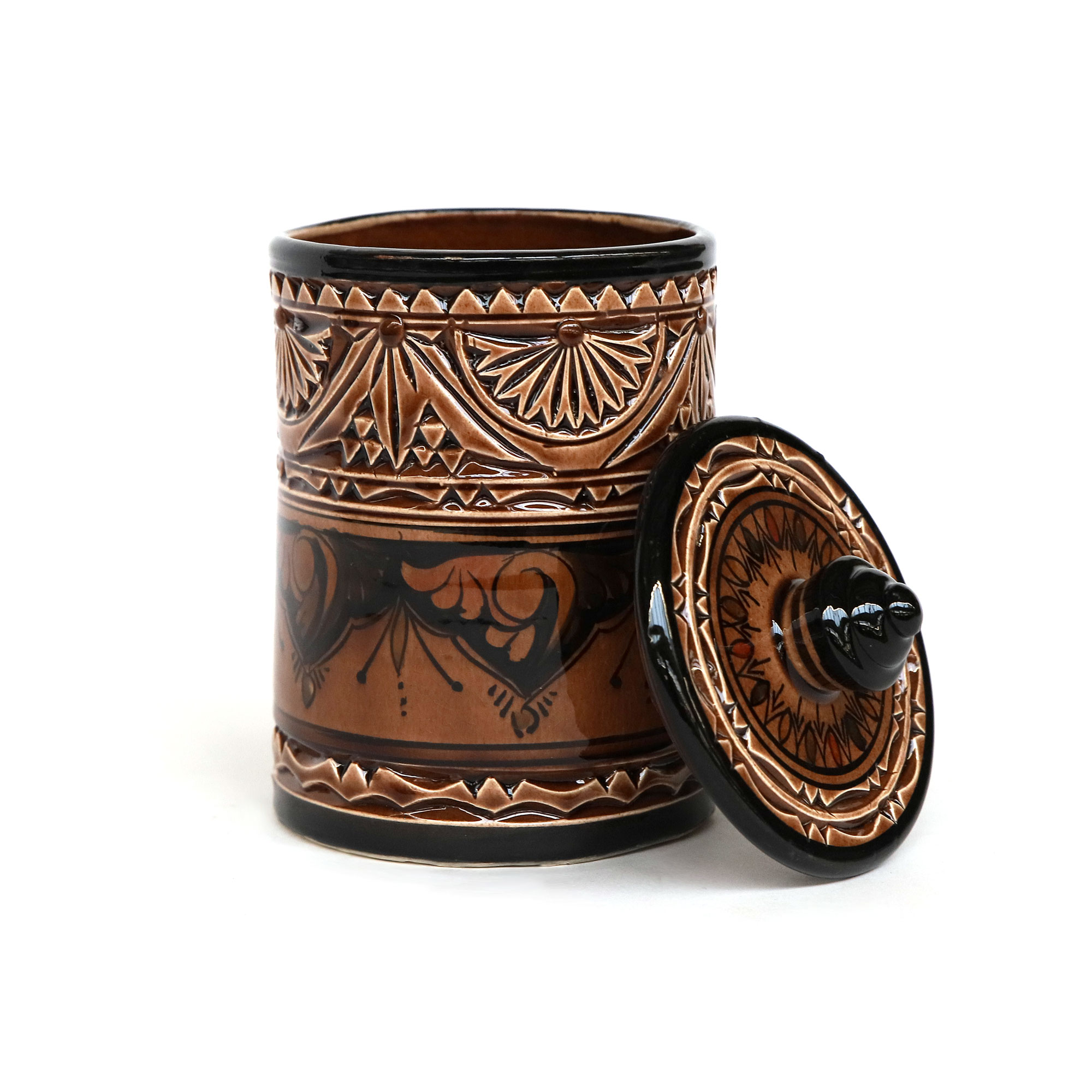 Deckelbehälter mit Prägung, braun, H 14 cm, Ø 10 cm von fischer's lagerhaus