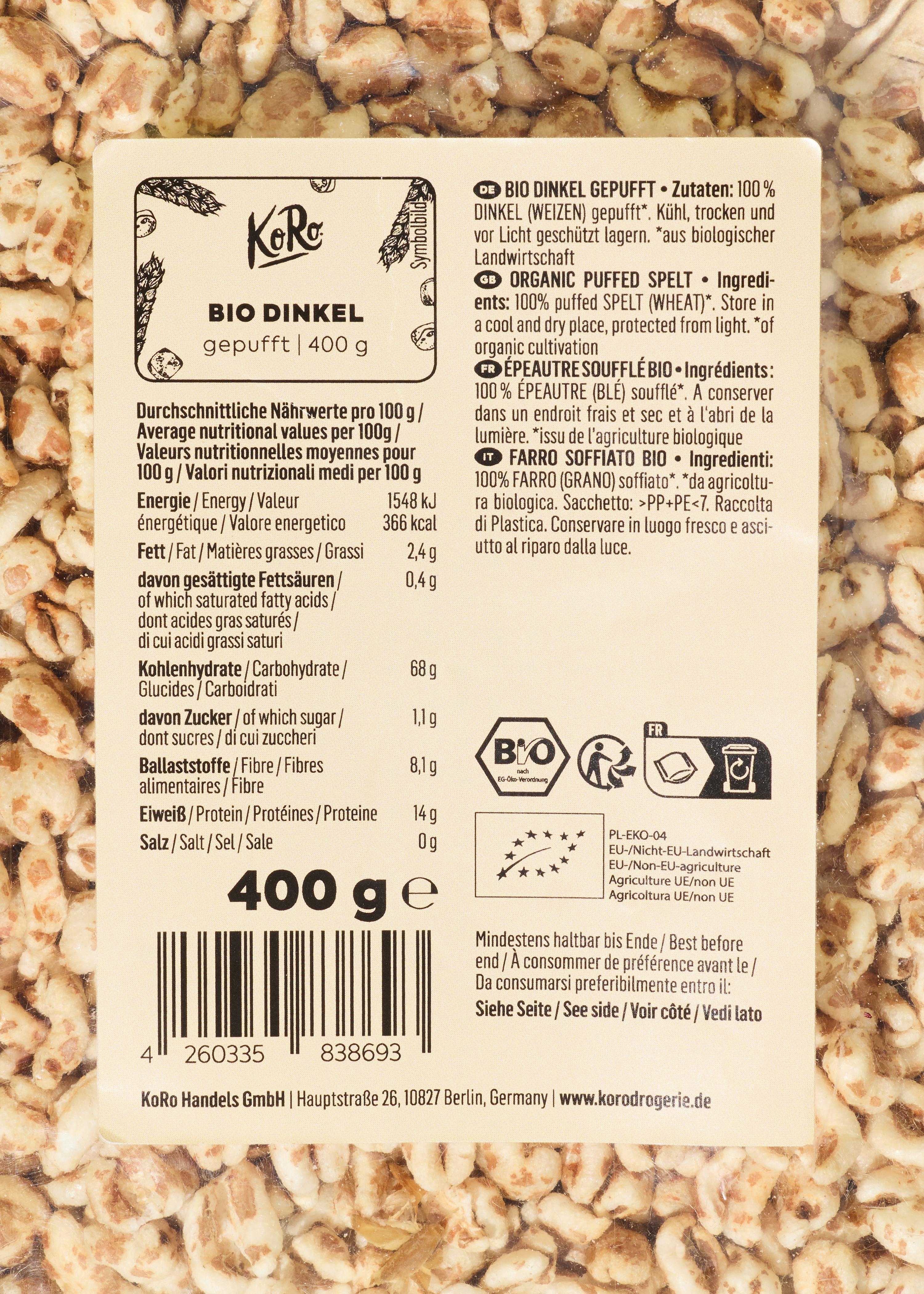Gepuffter Bio Dinkel 400 g