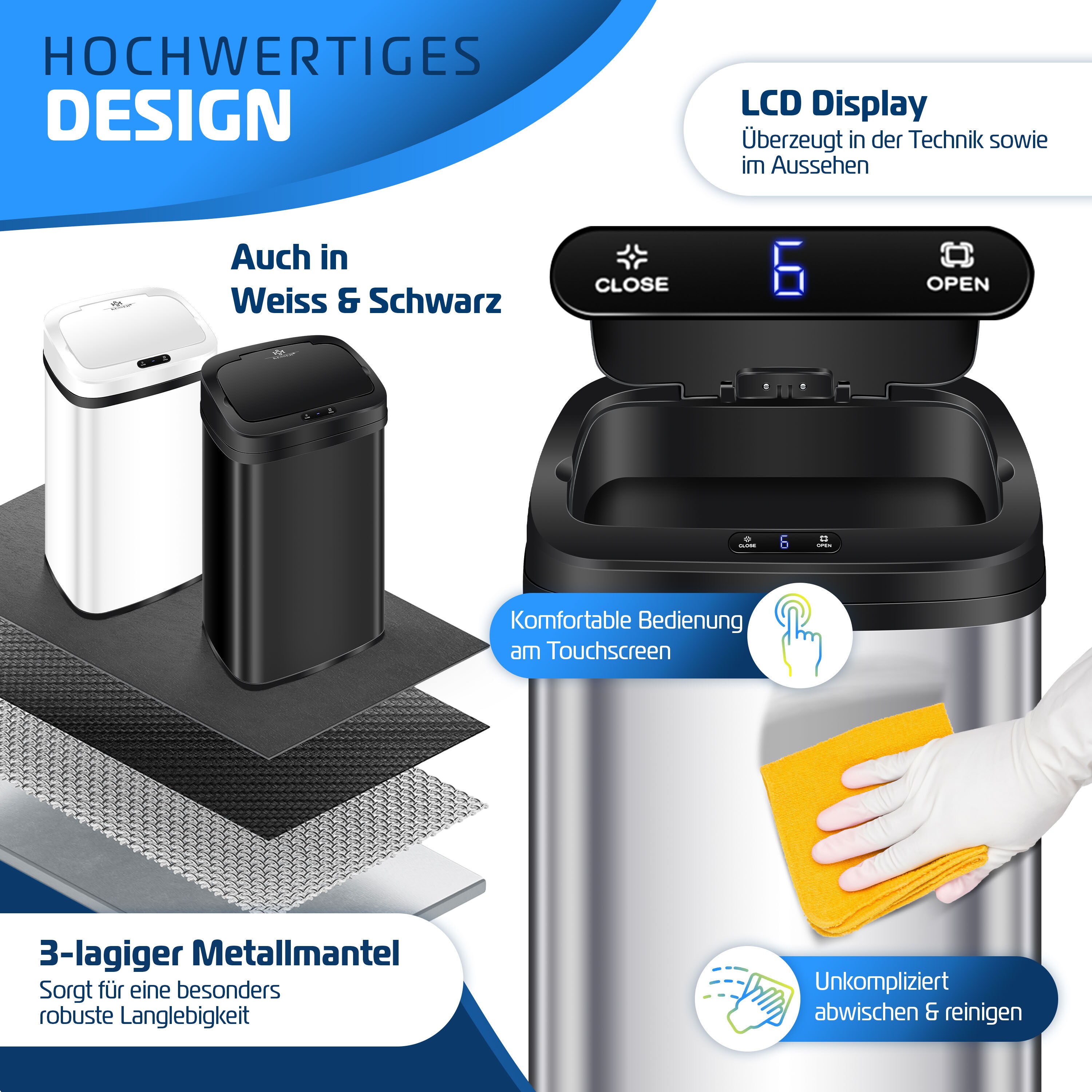 KESSER® Sensor Mülleimer Küche | Automatik mit Bewegungssensor Abfalleimer & Soft-Close-Deckel | Müllbehälter mit Touch-Bedienfeld & Sensor | LCD-Display | Edelstahl | inkl. Müllsackhalter