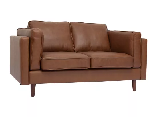 Canapé vintage 2 places cuir marron et bois foncé BRADLEY