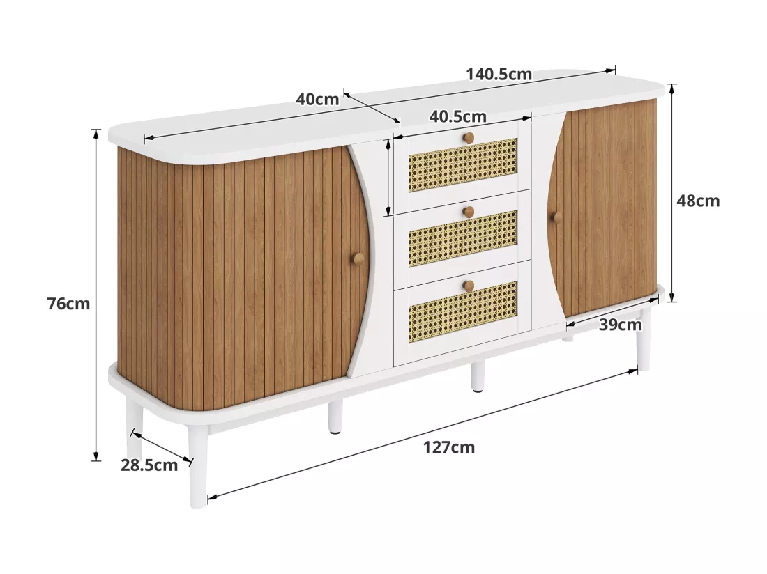Buffet bas avec 2 portes coulissantes et 3 tiroirs en rotin, commode - 140.5 x 40 x 76 - Panneaux de particules - Blanc et naturel