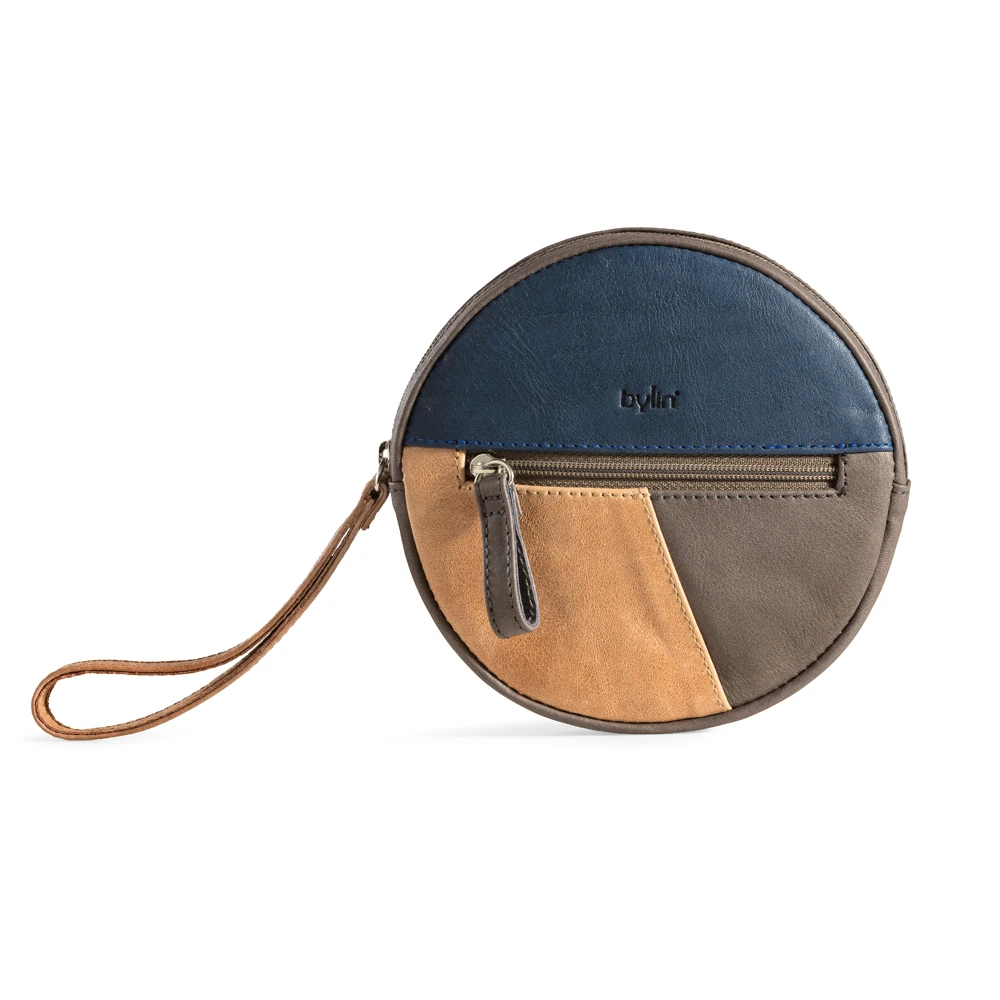 Round Purse Cognac - Grey - Blue Vintage Leather