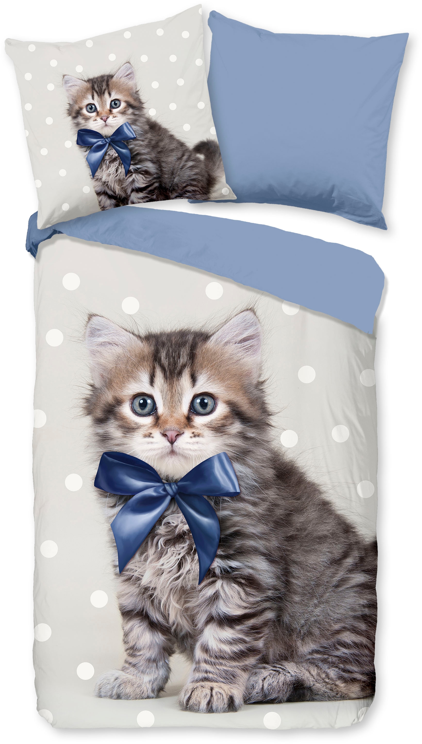 good morning Kinderbettwäsche »Mae« 2 Stk. tlg. 100% Baumwolle, 135x200, Reissverschluss, Wende, Kind, Katze, Blau Grau