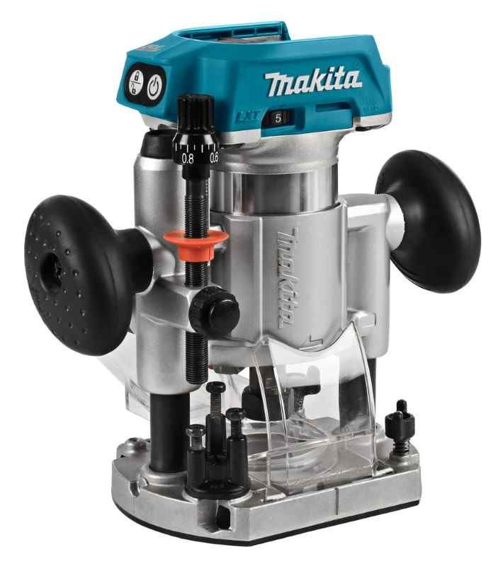 Makita DRT50ZJX9 18V Boven- en kantenfrees met diverse voeten, in mbox met geleiderail adapter