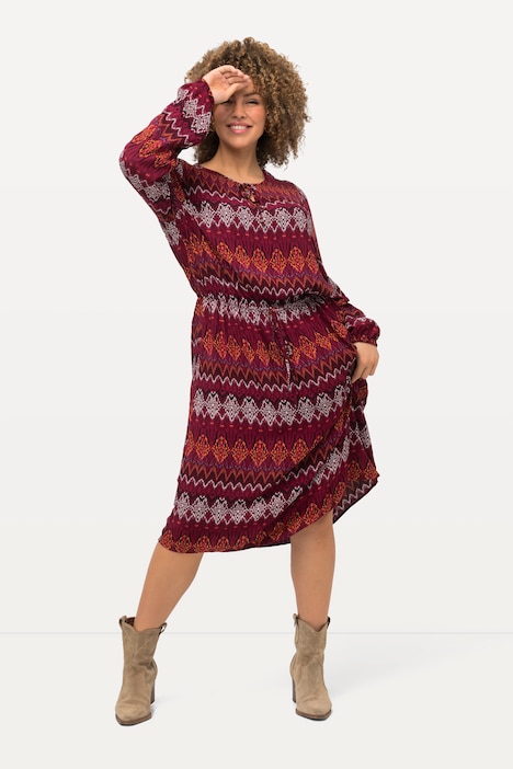 Midikleid, Ethnostreifen, Tunika-Ausschnitt, Langarm
