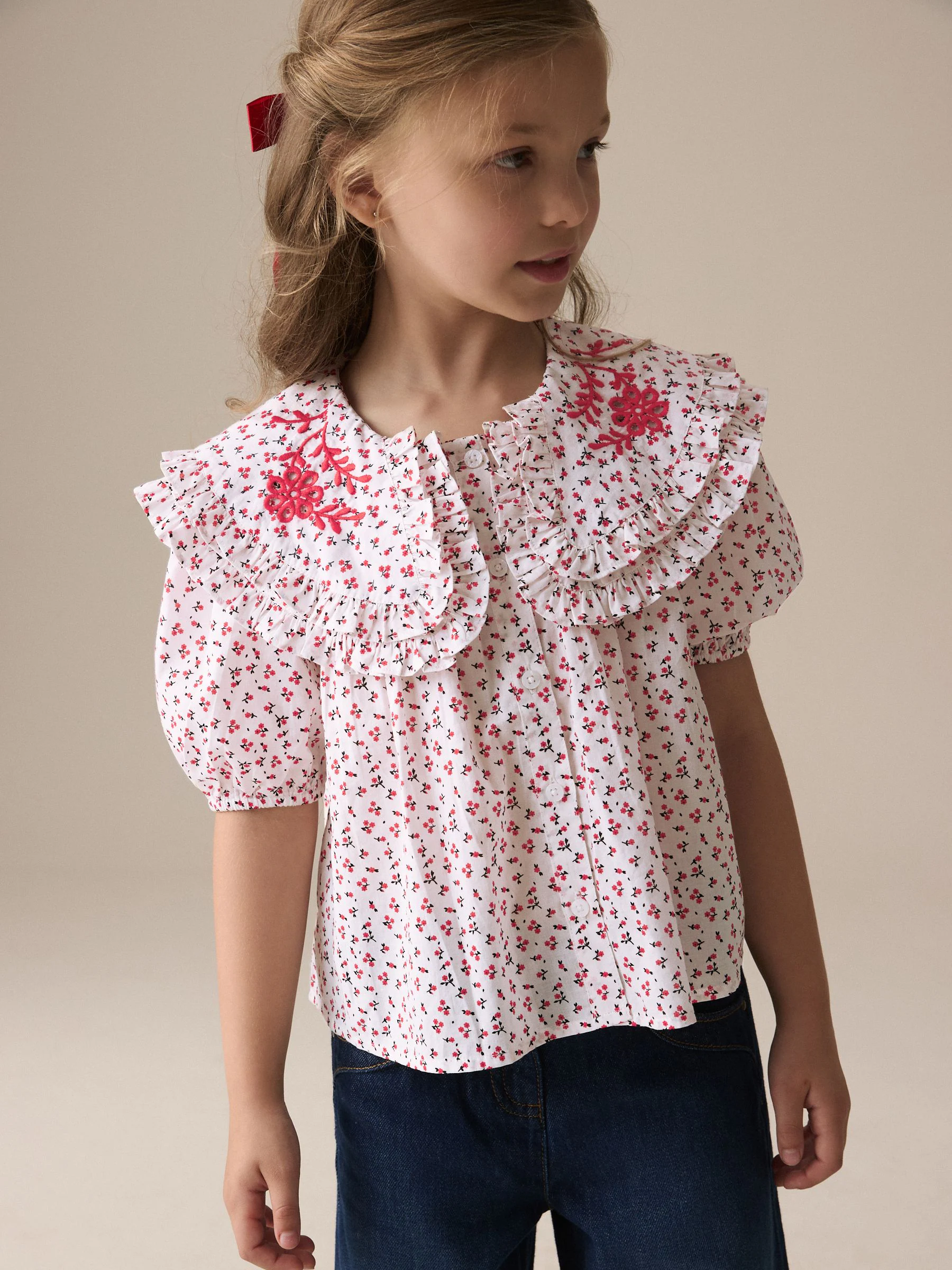 Rood gebloemd - Geborduurde kraag 100% katoenen blouse (3 - 16 jr)