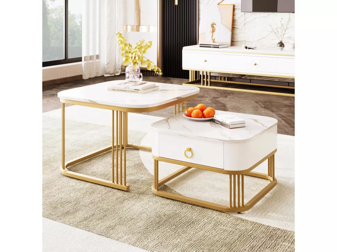 Lot de 2 tables basses gigognes avec 1 tiroirs, table basse carrée - plateaux en aspect marbre - bois et métal - Blanc brillant