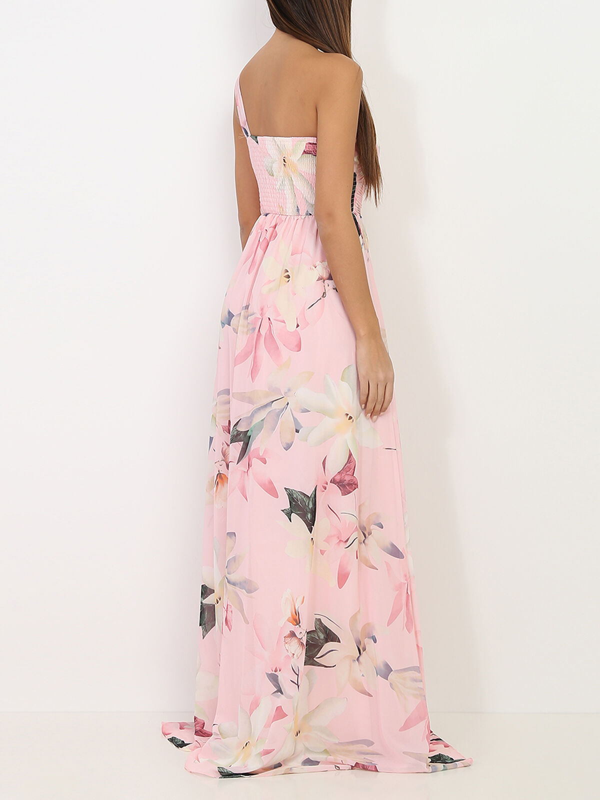 Robe longue asymétrique à fleurs de lys- Rose