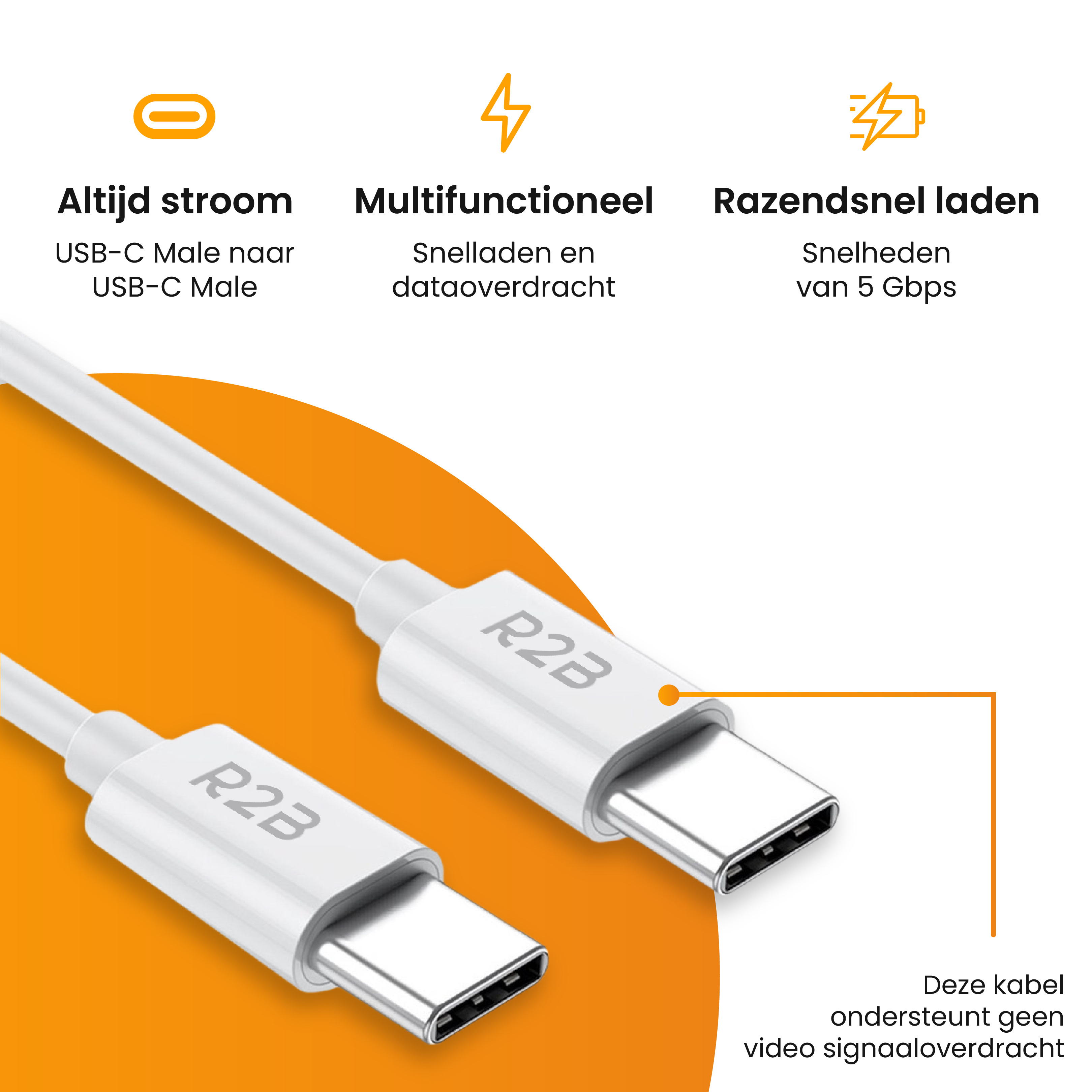 R2B 1 Meter Witte USB-C naar USB-C Kabel