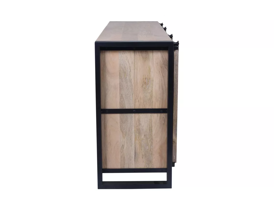 Buffet avec 2 portes et 3 tiroirs en bois de manguier et métal - Naturel et noir - HARLEM II