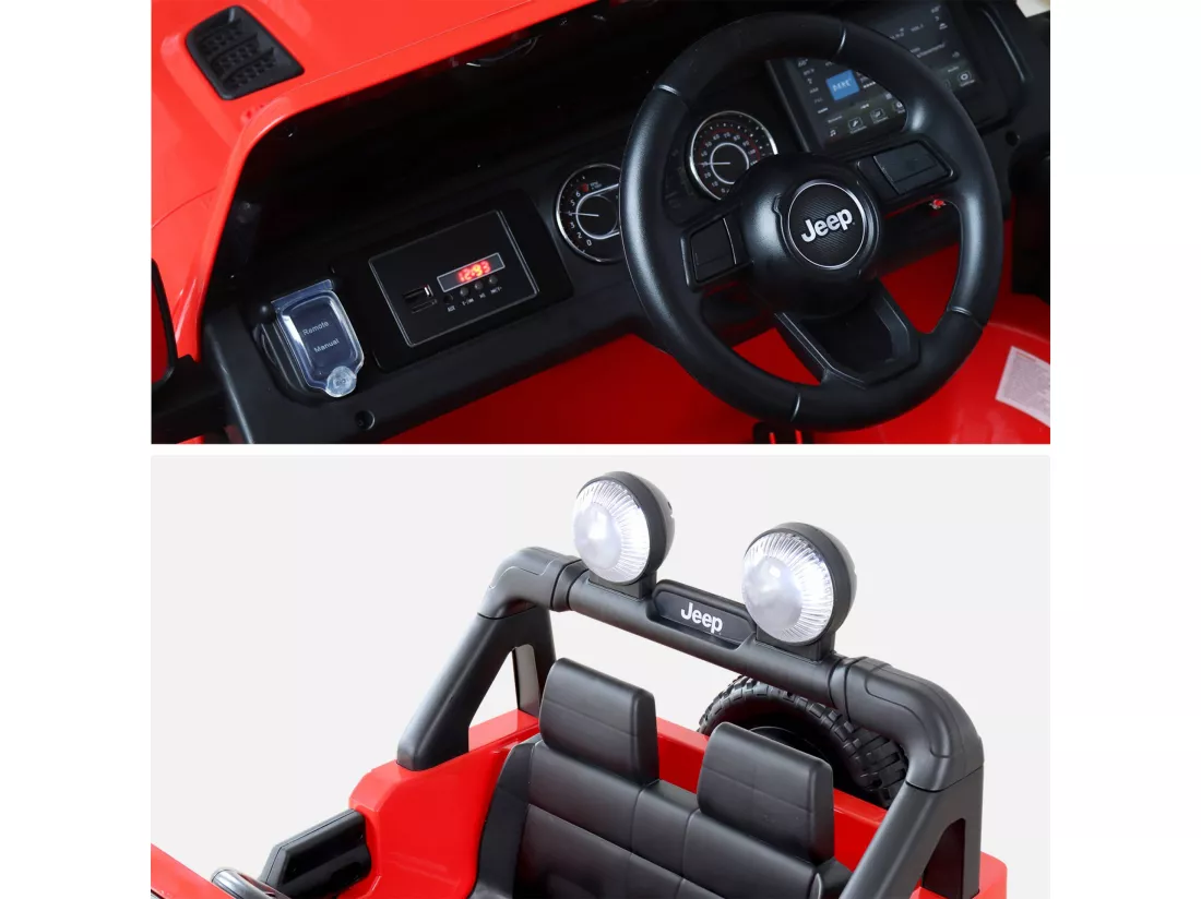 Voiture électrique 12V pour enfant - JEEP Wrangler Rubicon 2 roues motrices. rouge. 1 place. avec autoradio. télécommande. MP3. port USB / carte SD. prise jack et phares fonctionnels
