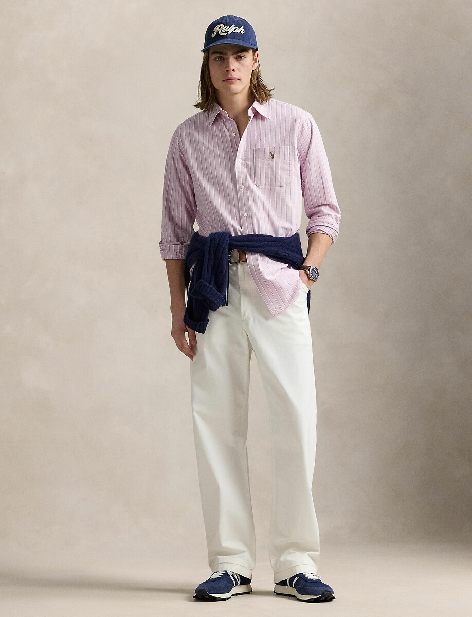 POLO RALPH LAUREN<br>Camisa reta listrada, Oxford, logotipo bordado