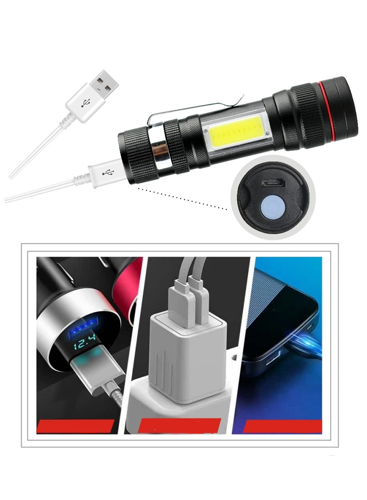 (2er Set) 800LM LED Aluminium USB Mini Taschenlampen - Schwarz