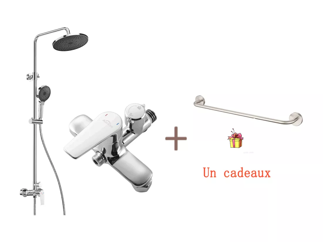 Colonne de Douche Chromé,avec Mitigeur,Réglable en Hauteur 103-139 cm,avec Douchette 3 Jets+60cm Porte-Serviettes Salle Bain Auto-adhésif/Perçage