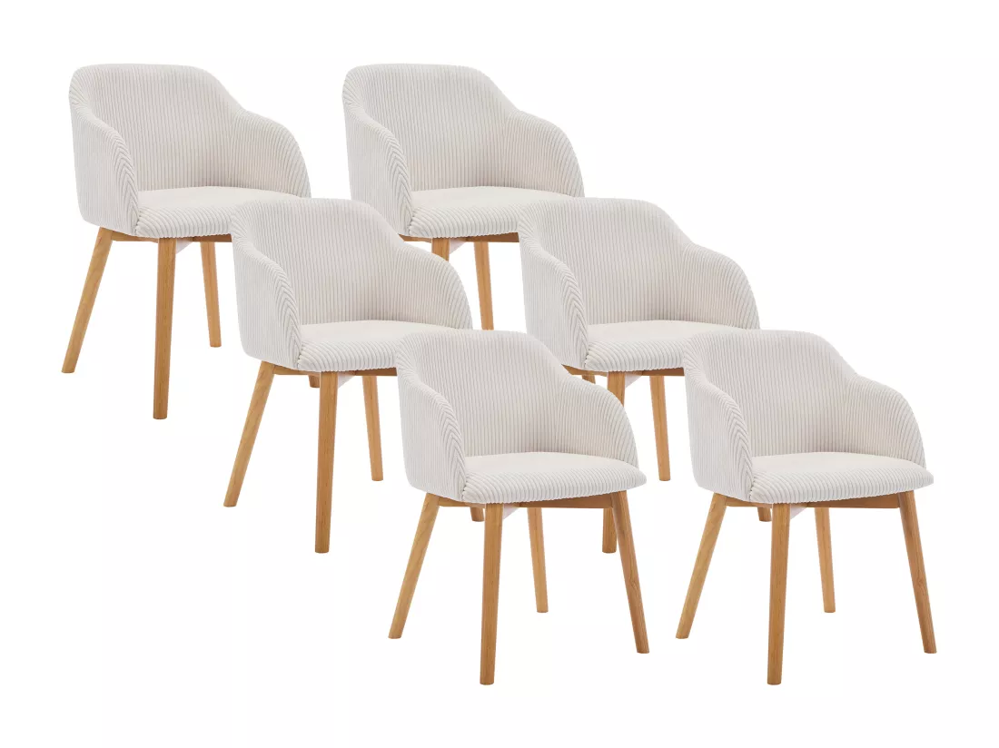Lot de 6 chaises avec accoudoirs en velours côtelé et bois d'hévéa - Crème - JELISA