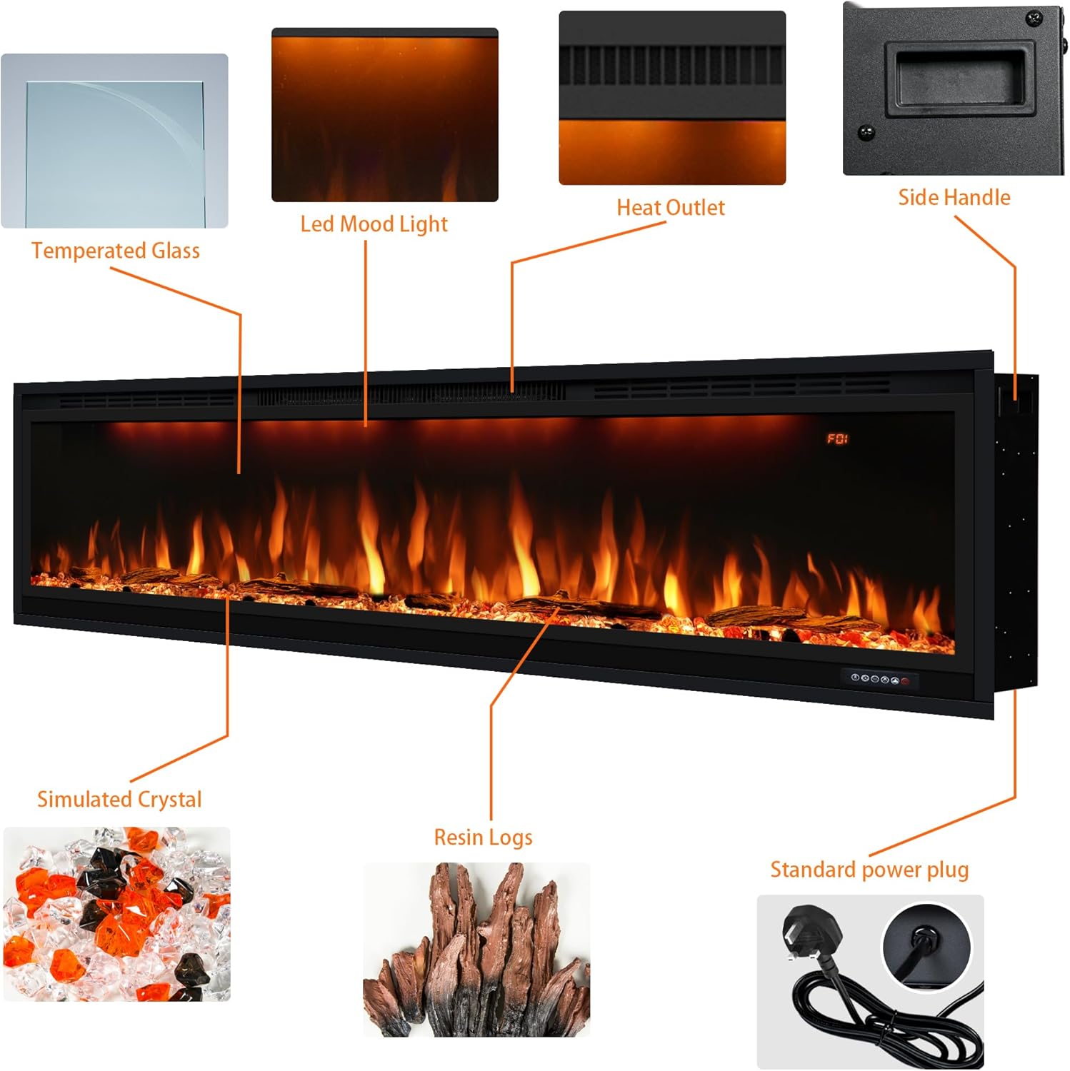 Elektrischer Kamin, schmaler Einbaukamin mit Fernbedienung, mehrfarbige Flammeneffekte mit realistischen Holzscheiten, Thermostat mit Timer, 750/1500 W, Schwarz