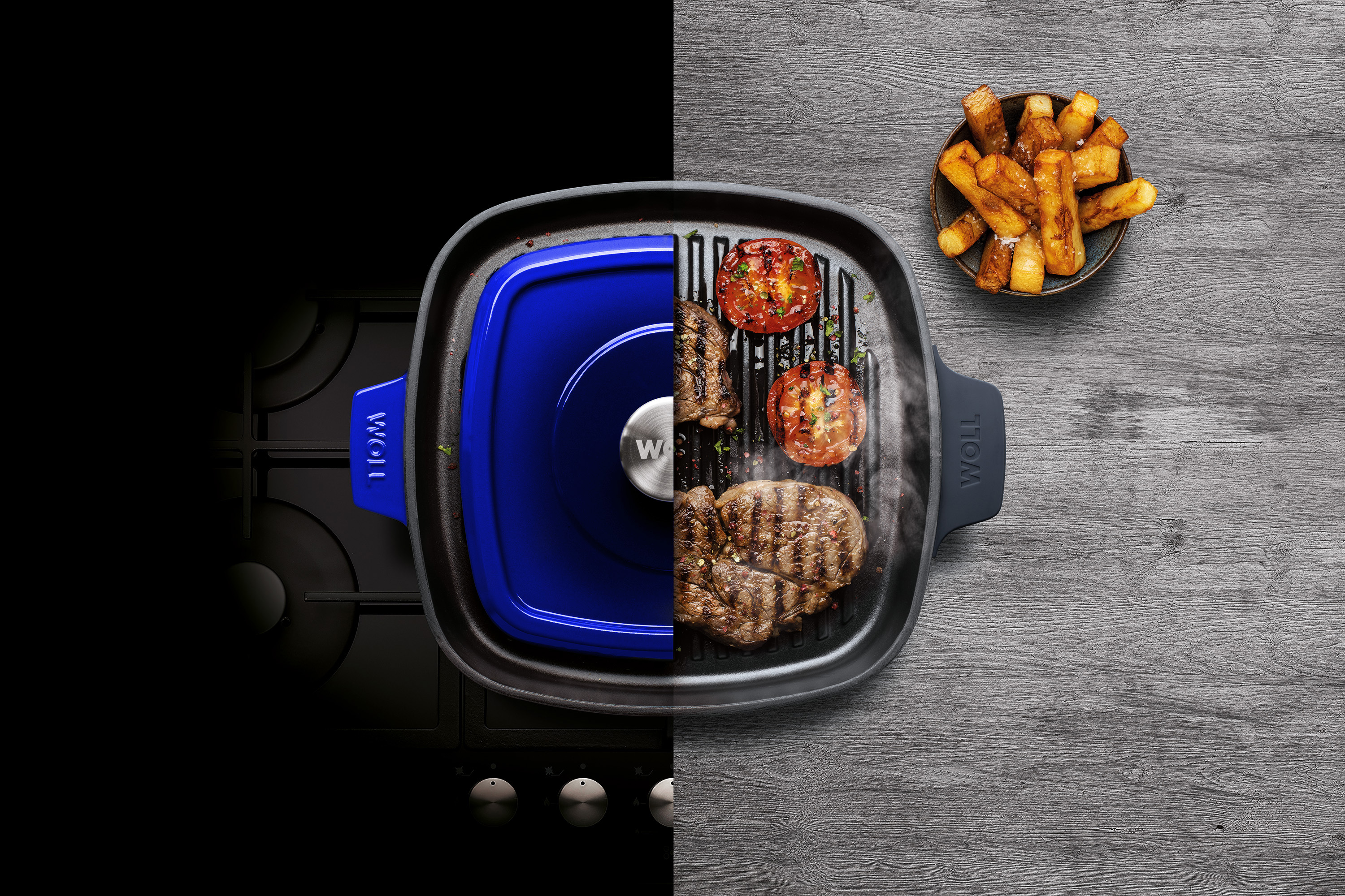Iron Guss-Grillpfannen-Set mit 2 Steakmessern - Farbe: Cobalt Blue