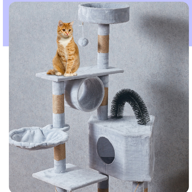 (150cm) Katzen Baum Sisal Kratzsäulen mit Häuschen / Hängematte / Tunnel / Aussichts Plattform - Grau