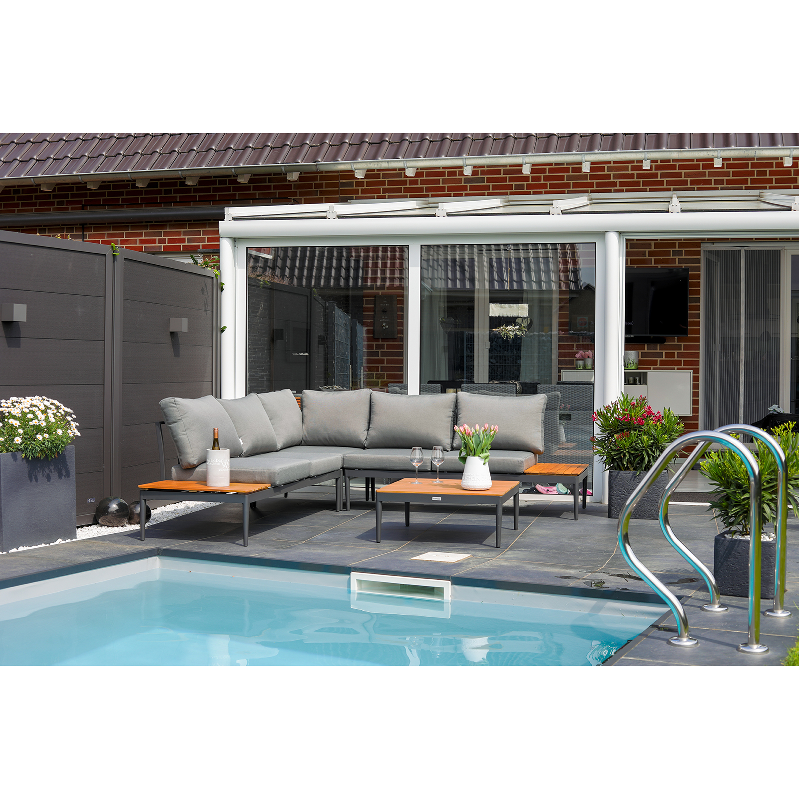Lounge-Gartenmöbel-Set - teakfarben-grau - Akazie massiv