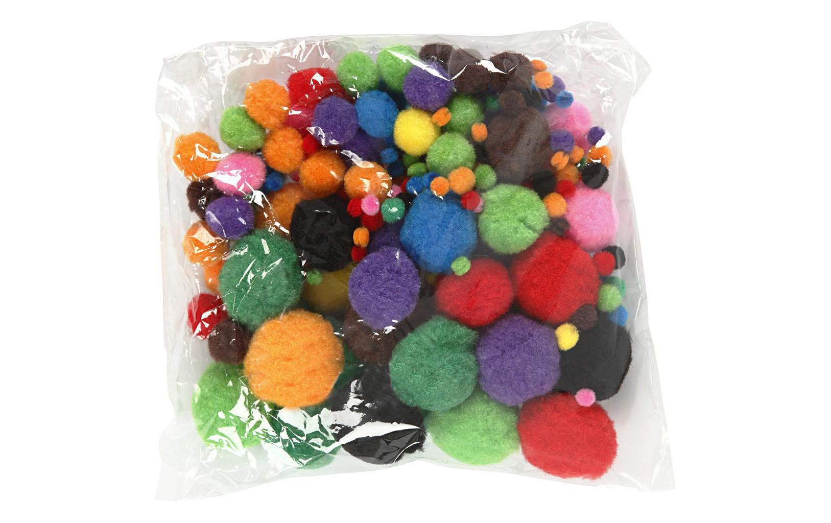 Pompon 5-40 mm 150 Stück, farbig assortiertPompons farbig assortiert, 150 STück