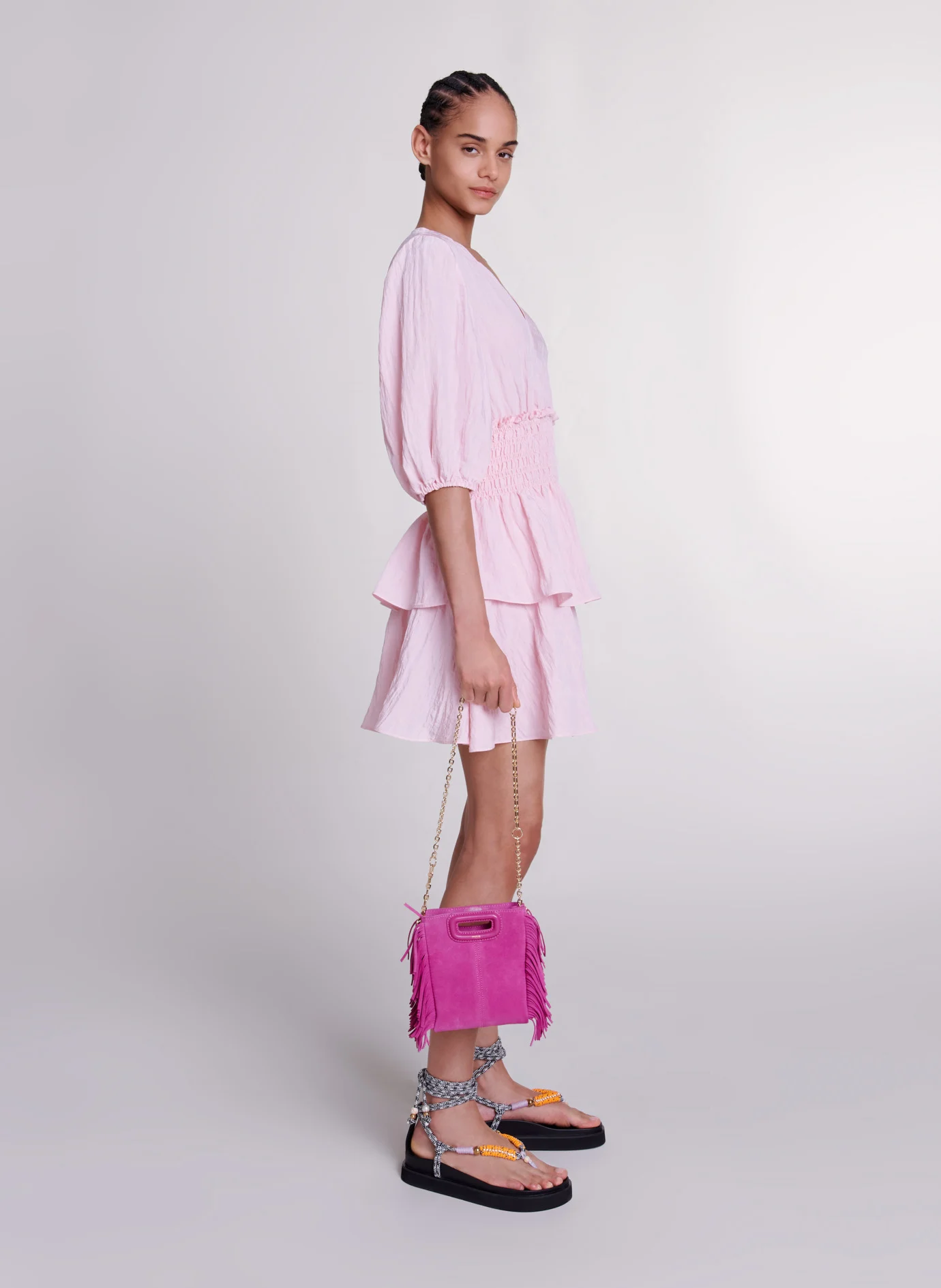 Robe courte col V à volants| Rose