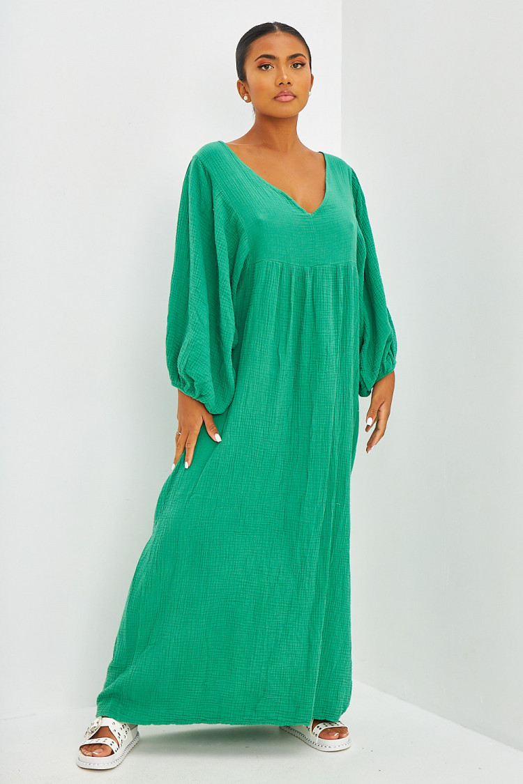 Robe longue ample en gaze de coton verte