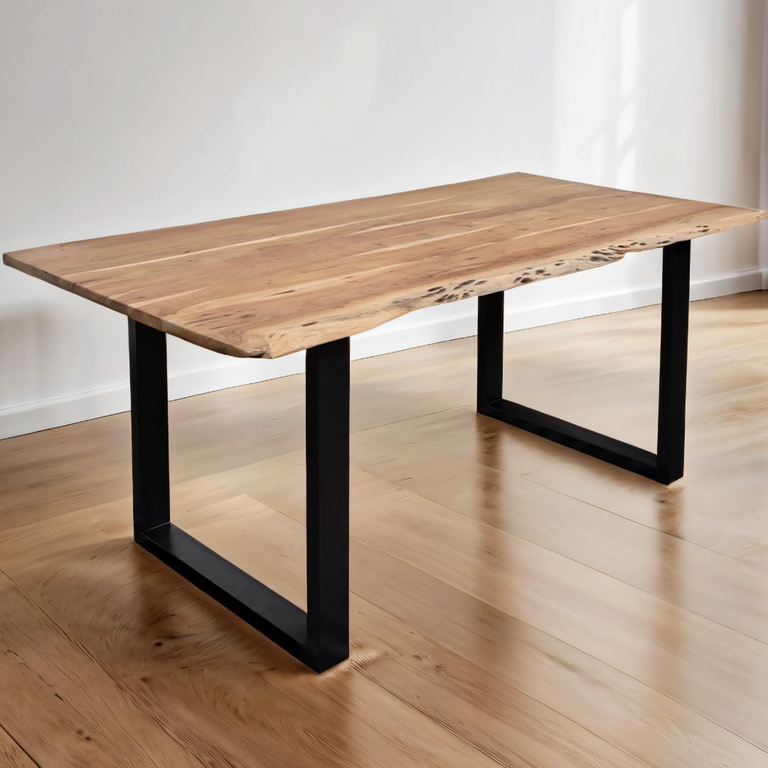 Esszimmertisch 300x100 cm, Akazienholz massiv 26mm, Tischplatte naturfarben, echte Baumkante, U-Gestell schwarz, Baumkantentisch
