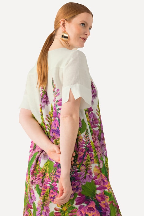 Leinen-Midikleid, Blüten, V-Ausschnitt, Halbarm