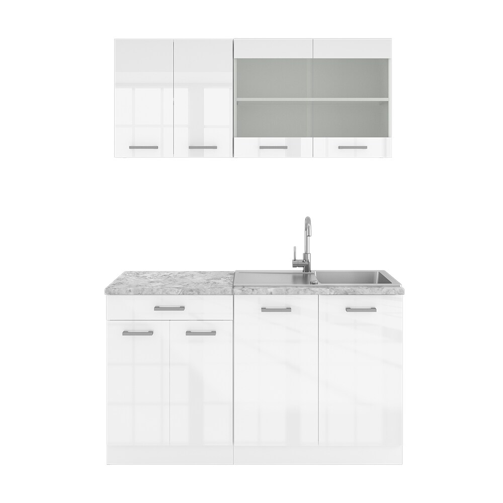 VICCO Küchenzeile SINGLE Einbauküche 140 cm Küchen Weiß Hochglanz R-LINE