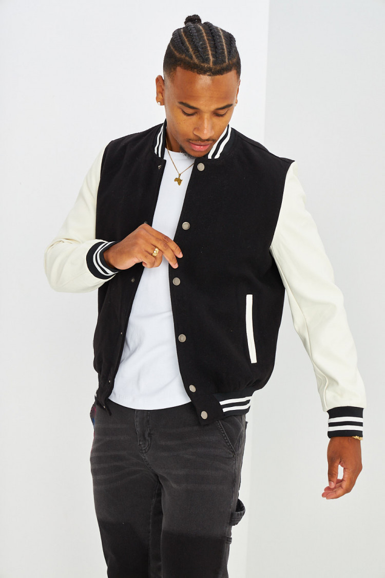 Bomber noir en simili cuir et laine