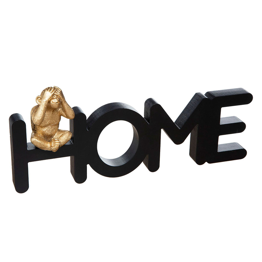 Mot déco à poser HOME bois et singe doré 37.3x6xH16cm