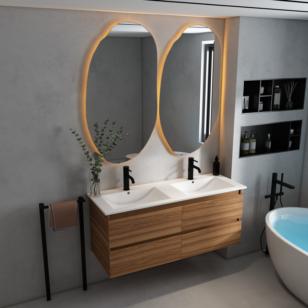 Fontana Rovigo badmeubel 120cm met witte wastafel met kraangaten walnoot