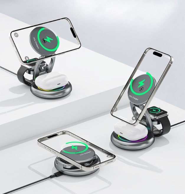 (15W) 3in1 MagSafe Qi Wireless Charger Fast Charging Ladegerät Faltbare Ladestation mit LED Beleuchtung - Grau